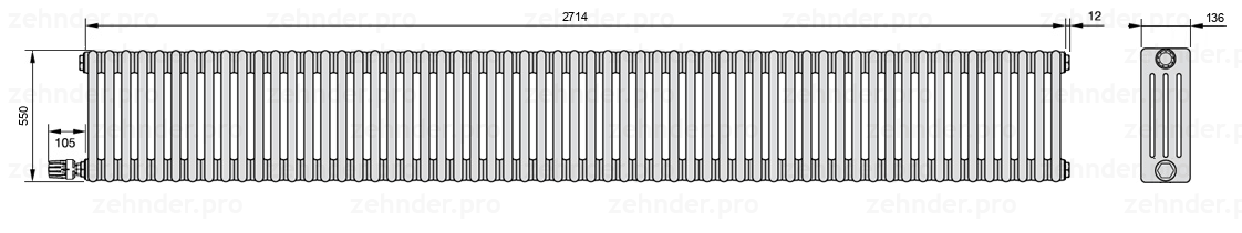 Схема (чертеж) Радиатор Zehnder Charleston 4055/59 №V004 Белый глянцевый RAL 9016